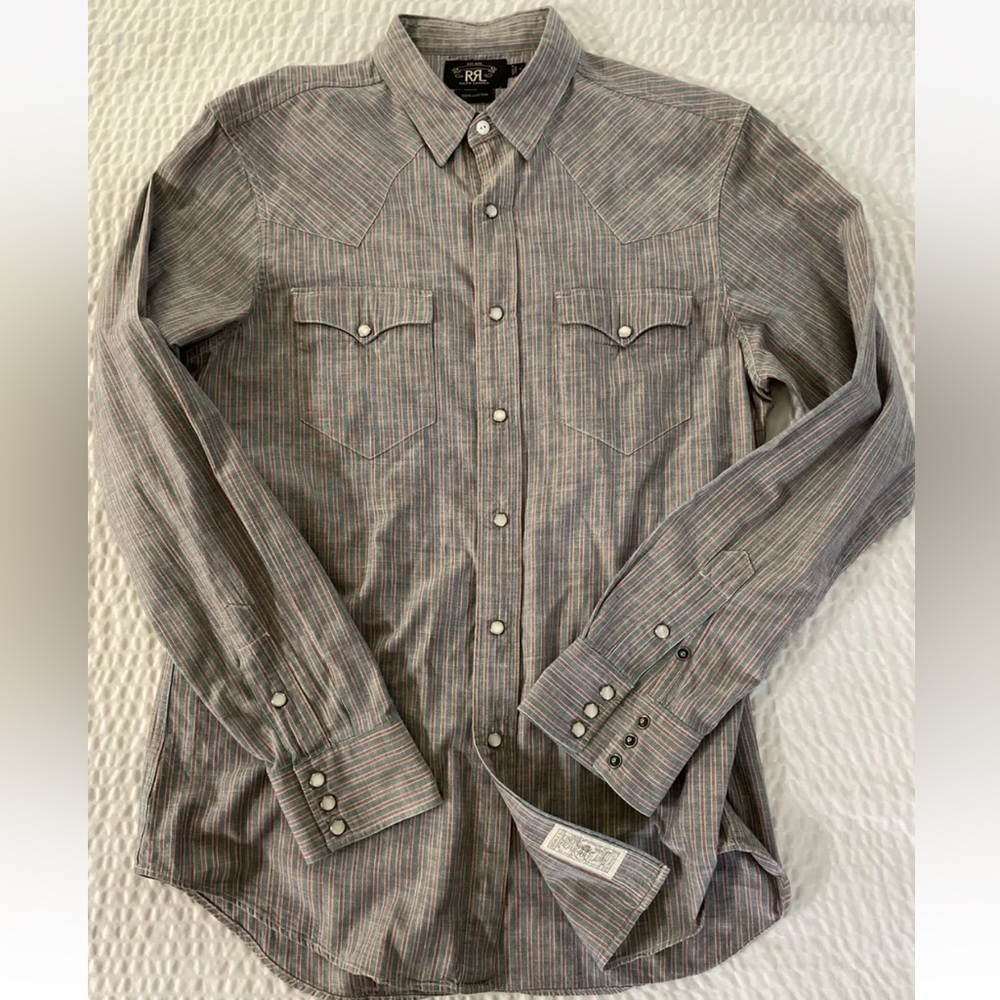 RRL Ralph Lauren Pearl Snap Striped Denim Oxford Western Cut Workshirt Size L - Picture 1 of 8